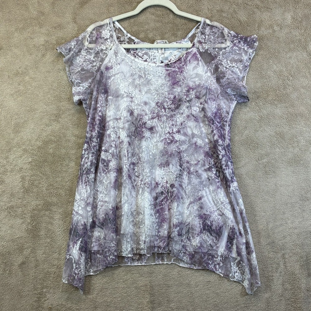 VTG 90s‎ Y2K Sheer Lace Mesh Top L Fairy Asymmetric Embellished EUC
